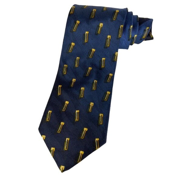 Ermenegildo Zegna Mens Navy and Gold Geometric Silk Designer Necktie Italy - Picture 1 of 6
